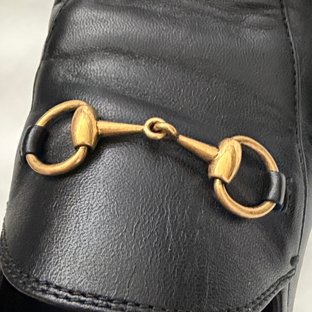 Gucci Black Brixton Leather Horsebit Loafers with Gold Hardware